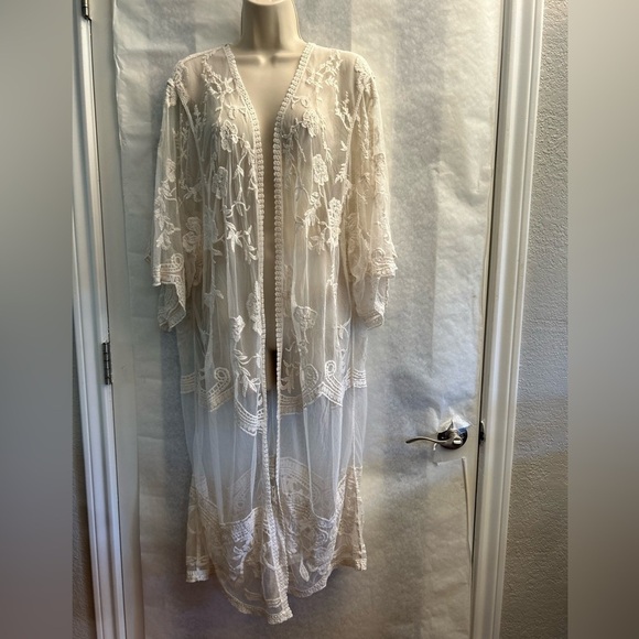 Sheer Off White Lace Kimono cardigan cover up dress Sz-L/XL. AA13 - Picture 2 of 9